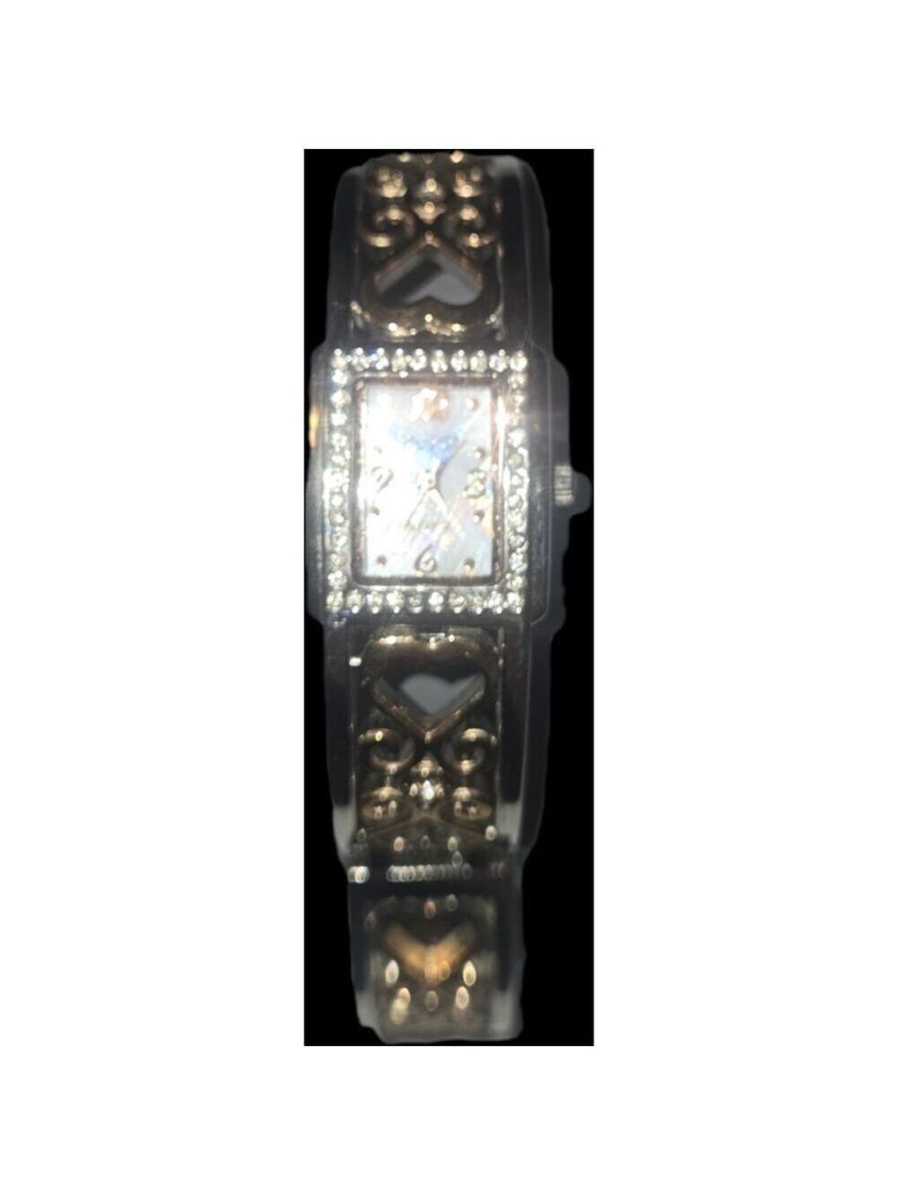 Studio Time Two-Tone Silver and Gold Hearts Rhinestone Cuff Bangle Watch